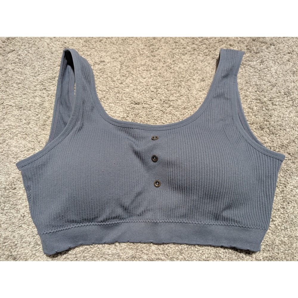 Lucky Brand Bralette Women 2X Blue Ribbed Seamless Scoop Neck Button Trim Lounge